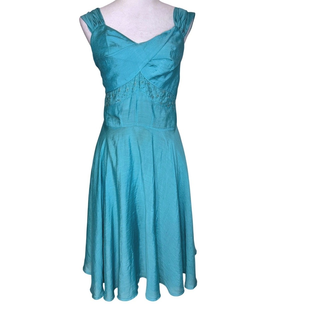 Vintage Y2K Turquoise Satin Embroider Empire Waist‎ Fairy Dress S Shantung Party